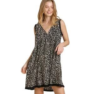 Umgee Babydoll Linen Cotton Boho Mini Dress Size L Pockets Tie Back Deep V Neck